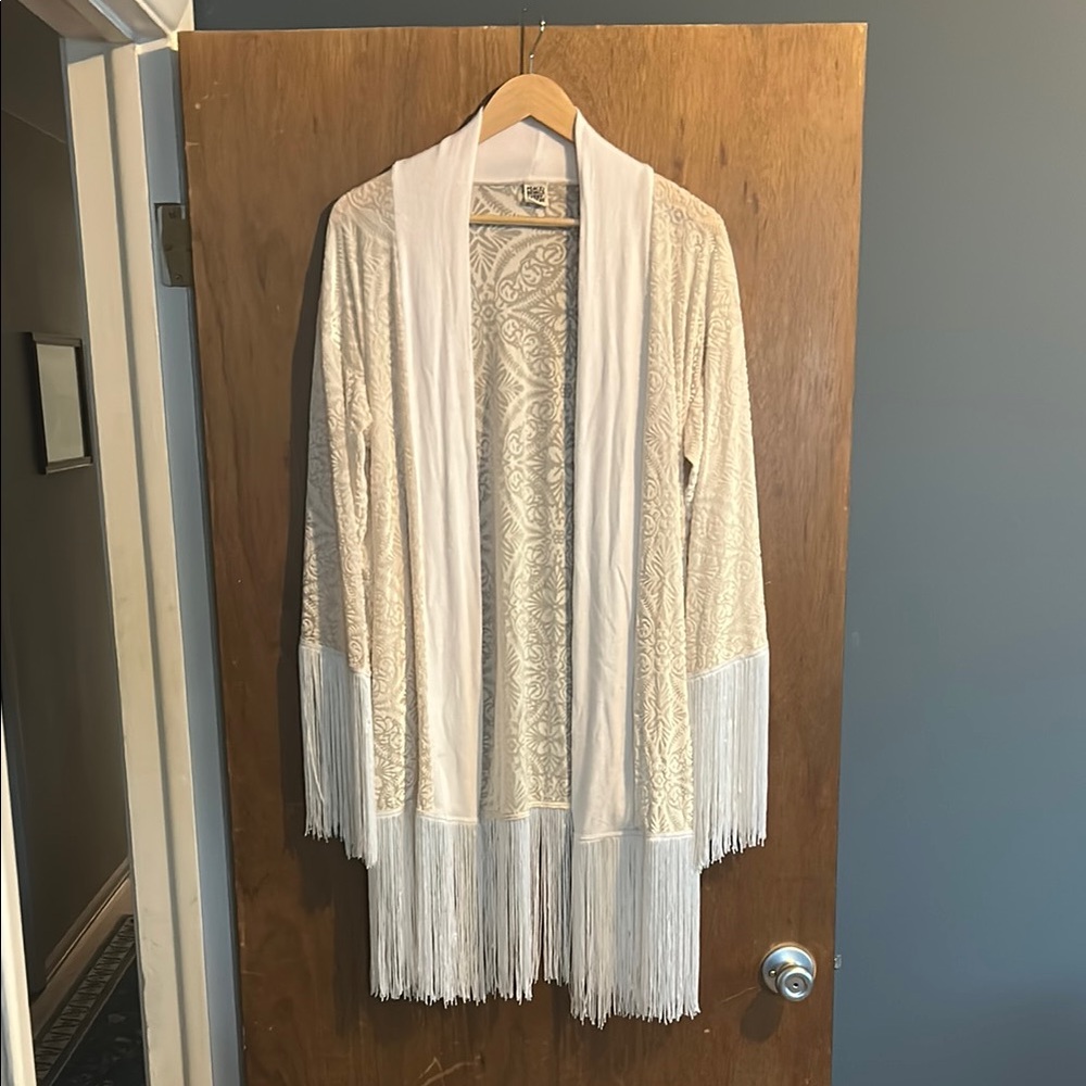 Cream and White Fringe Robe with Open Front